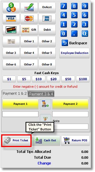2. When the Payment Panel appears, click the "Print Ticket" button to print a receipt