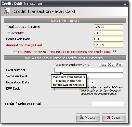 4 Processing the Credit Card 7. Select the type of credit card the client will be using or select the "Debit" payment type if the client would like to use their debit/check card with a pin number. 8.