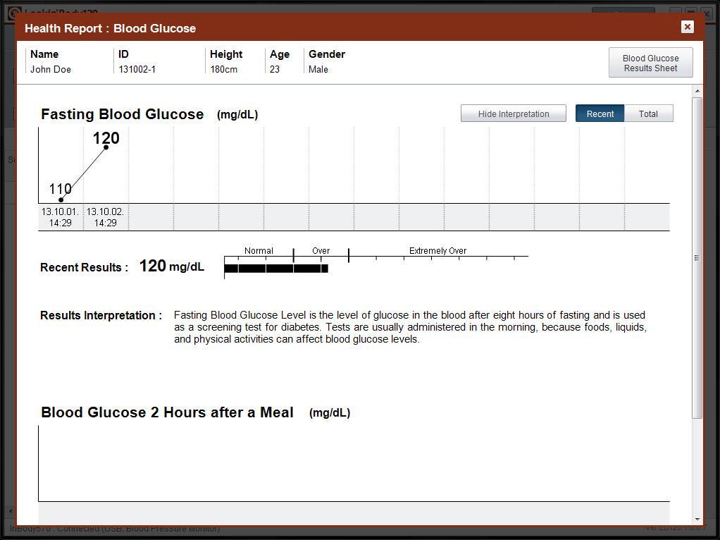 2) A popup displaying the Blood Glucose Health Report will appear.