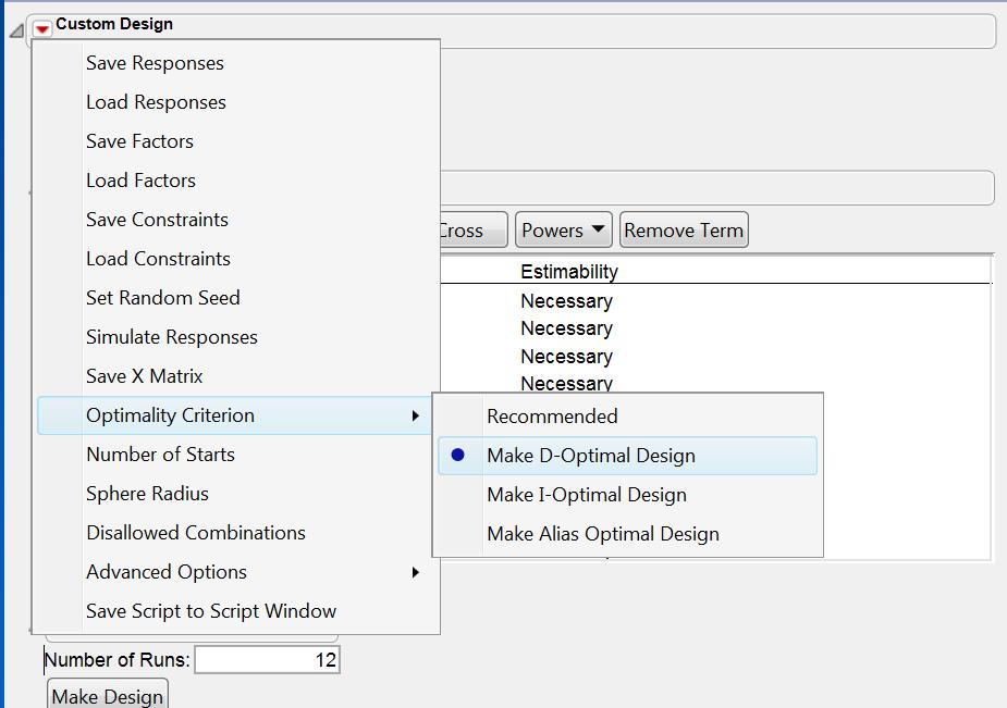 Candidate Set Design in JMP Custom Design Optimality Criterion Make D-Optimal Design Set seed to be