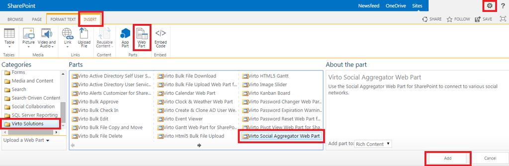 9 Administration and Usage Adding Web Part to a SharePoint site Go to SharePoint site where you want to add the web part and open Edit - Edit page. You will switch to edit mode. Click Add a Web Part.