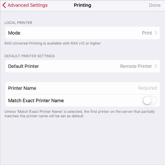 Edit Connection Settings Printing On the Printing tab, you can edit the printing-related settings: Local Printer In the Local Printer section, you can specify the printing mode.