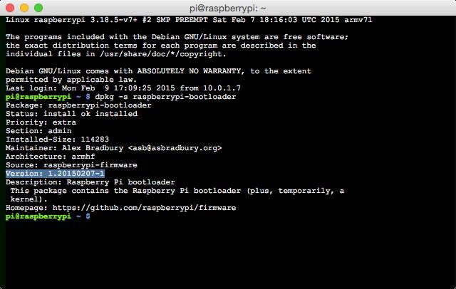 Finally, after the reboot, we can check to make sure that the package installed with dpkg -s raspberrypi-bootloader.