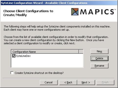 Setting Up a Developer Environment 6. Click Next. The Choose Client Configurations to Create/Modify screen appears. 7. Click New or Rename to create a new configuration.
