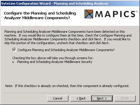 Setting Up the Web Server 10. Click Next. The Configure the Planning and Scheduling Analyzer Middleware Components screen appears. 11. The Analyzer middleware components (.