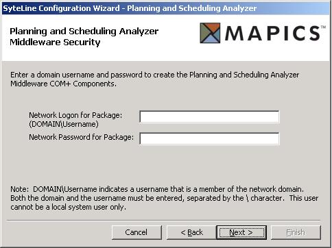 Setting Up the Web Server 12. Click Next. If you chose to configure the middleware components, the Planning and Scheduling Analyzer Middleware Components screen appears.
