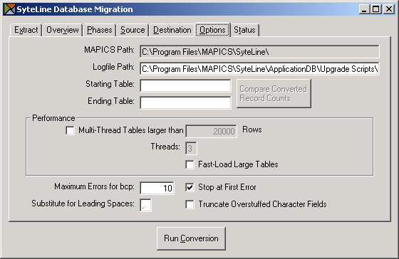 Converting From SyteLine 5 or SyteLine 6 (Multi-Site) Step E: Make Selections on the Options tab 1. MAPICS Path - The SyteLine ERP 7 installation path defaults here. 2.