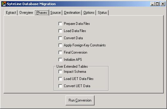 Converting From SyteLine 5 or SyteLine 6 (Multi-Site) Step B: Select the Phases to Run on the Phases Tab Select the phases to run.