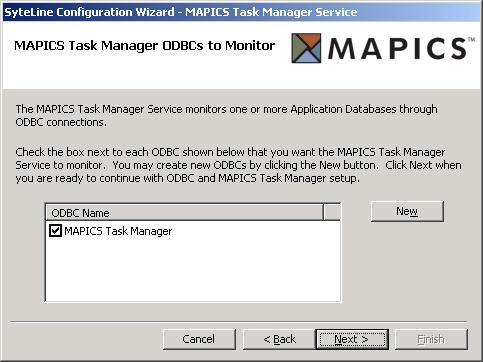 Setting Up the Utility Server 15. Click Next. The MAPICS Task Manager ODBCs to Monitor screen appears. 16. Make sure MAPICS Task Manager is selected.