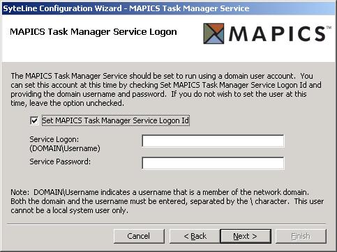 Setting Up the Utility Server 21. Click Next. The MAPICS Task Manager Service Logon screen appears. 22. Select the Set MAPICS Task Manager Service Logon Id field. 23.