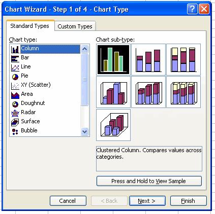 Excel Charts (cont d) Step 1: Select which type of chart you want (Figure 31).