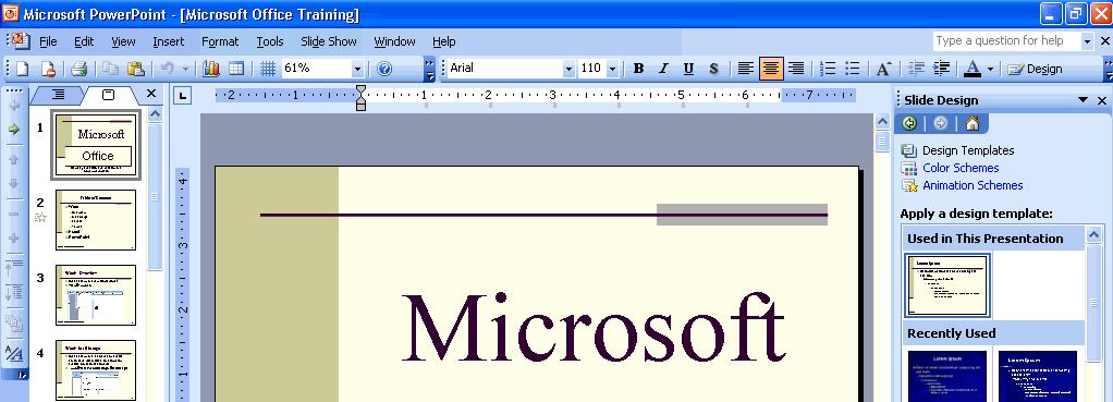 PowerPoint Overview (cont d) To add text to your slide, simply start typing on the slide in the middle