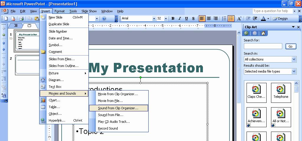 PowerPoint Inserting Pictures and Sounds (cont d) To insert sounds on a slide, click on Insert Movies and Sounds (Figure 43).
