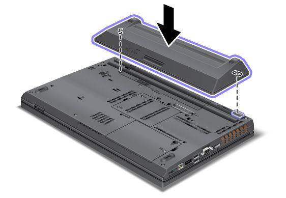 3. Align the Extended Life Battery with the bottom side of the computer as shown in the illustration below and firmly attach the battery. 4. Slide the battery latch to the locked position. 5.