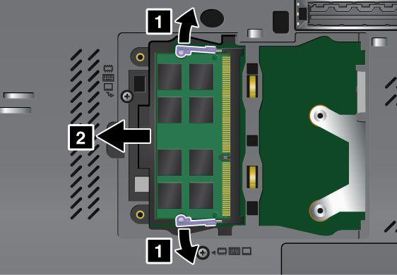 4. Loosen the two screws on the memory slot cover (1), and then remove the cover (2).