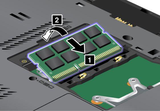 6. With the notched end of the SO-DIMM toward the contact edge side of the socket, insert the SO-DIMM into the socket at an angle of about 20 degrees (1); then press it in firmly (2). 7.