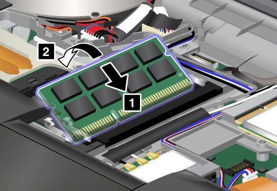 7. With the notched end of the SO-DIMM toward the contact edge side of the socket, insert the SO-DIMM (1) into the socket at an angle of about 20 degrees; then press it in firmly.