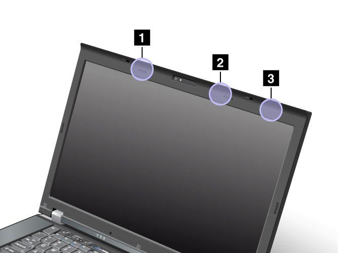 1. Wireless LAN and WiMAX combo antenna (Auxiliary) The auxiliary antenna connected to the wireless LAN or WiMAX feature is located on the upper left side of the computer display, near the center. 2.