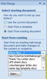 If the Ticket Template Word Doc is not opened, select Start from existing document.
