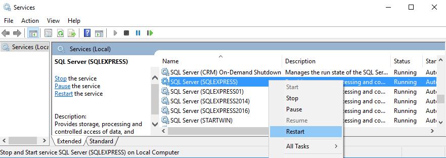 3) You should be prompted to restart SQL Server. To do this a. In the Windows Start menu, type Services. b. Right-click on SQL Server (<instance>), and select Restart.