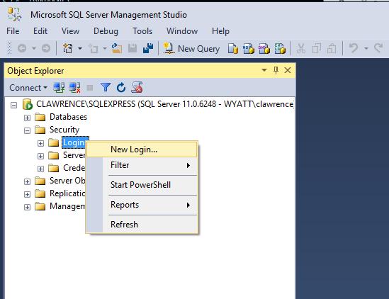 Right click on Logins, and select New Login. b. Enter a login name. In this case DynamicsDBAdmin. c. Select SQL Server authentication d.