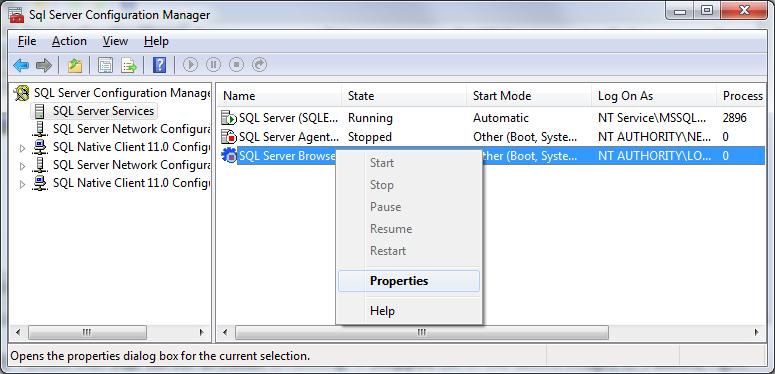 3) Check that SQL Server Browser is running. If it is running, move on to step 7).