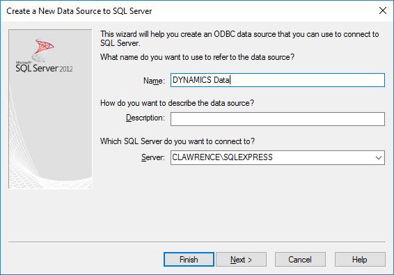 database name, Dynamics_Data. 5) Select the appropriate SQL Server from the list.