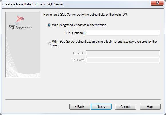 6) Select Integrated Windows authentication or SQL Server authentication, depending on whether or not you Optional: Enable SQL authentication above. Click Next. a. If using SQL Server authentication enter the Login ID and password.