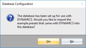 Choose Yes or No. If Yes is selected, an Importing Files dialog will display the progress of preset importing. When the import is complete click Close. DYNAMICS is now ready to use.