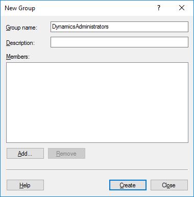 3) In Group name, type DynamicsAdministrators, and click Create.