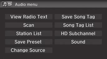 uuplaying FM/AM RadiouAudio Menu Scan: Scans for stations with a strong signal in the current band and plays a 10- second sample. Select Cancel to stop scanning and play the current selection.