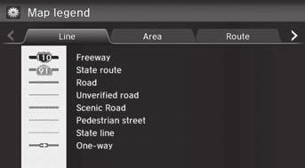uumapumap Legend Map Legend H HOME button u Settings u Navigation u Map tab u Map Legend See an overview of the map lines, areas, routes, traffic information, navigation icons.