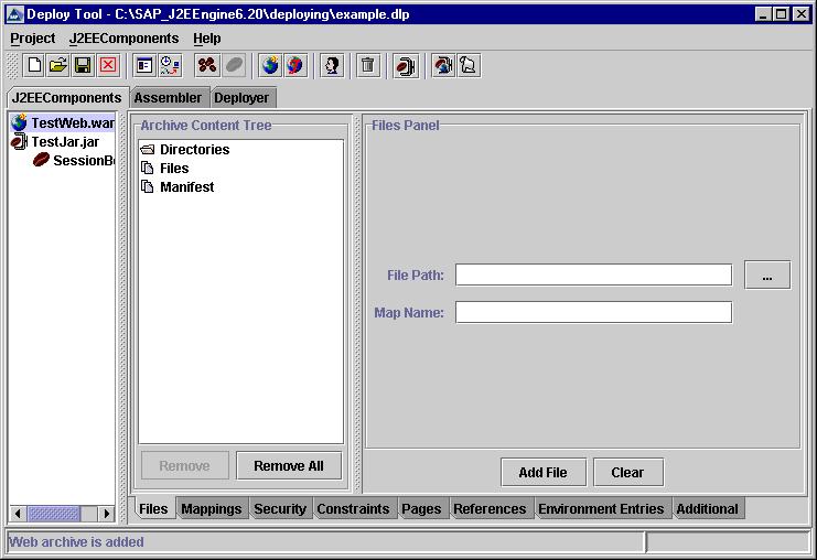 Step 6: Add a WEB Archive Group Choose J2EEComponents Add Web, or on the toolbar to create a new Web group. The Load Web WAR dialog box appears.