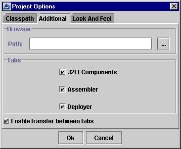 o Additional tab shows three checkboxes for each tab of the Deploy Tool. You can choose which tabs are displayed in the Deploy Tool Main frame J2EEComponents, Assembler, and Deployer.