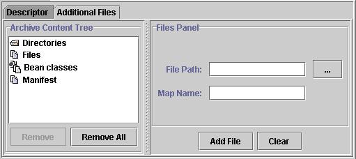 The Additional Files Tab Archive Content Tree pane displays a list of directories, files, Bean classes and the manifest file added to the archive.
