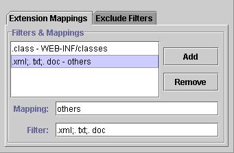 The Extension Mappings Tab o Exclude Filters displays a list of all filters for files to be excluded from