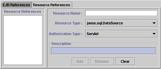 o Description descriptive text about Resource References Environment Entries Tab The Resource References Tab The "Environment Entries" tab enables you to customize the EJBs without accessing or