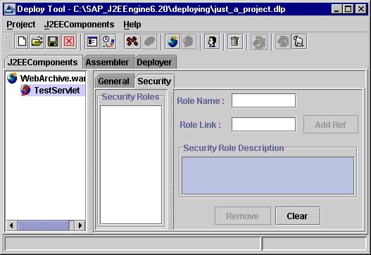 The Security Tab Add Java Client Archive To add Java Client Archives to the project, use the J2EEComponents Add Client menu, or icon on the toolbar.