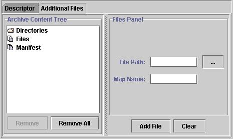 The tab contains the following options: The Additional Files Tab Archive Content Tree pane displays a list of directories, files, and the manifest file added to the archive o To add directories,