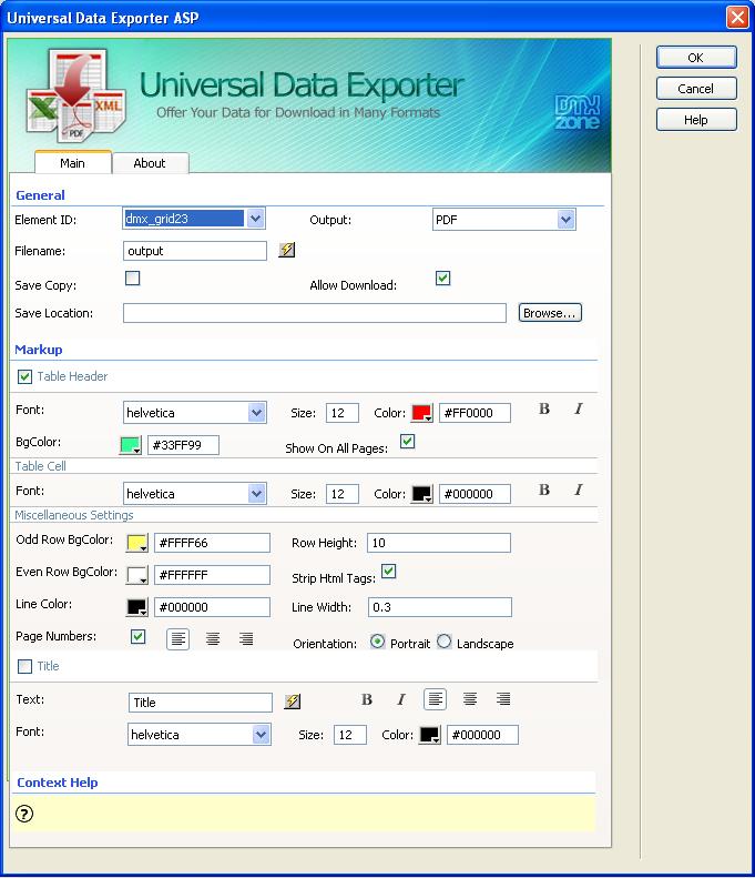 4. A new popup with the Universal Data Exporter ASP behavior interface