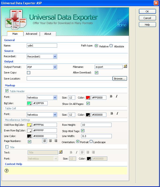 The Universal Data Exporter interface appears.