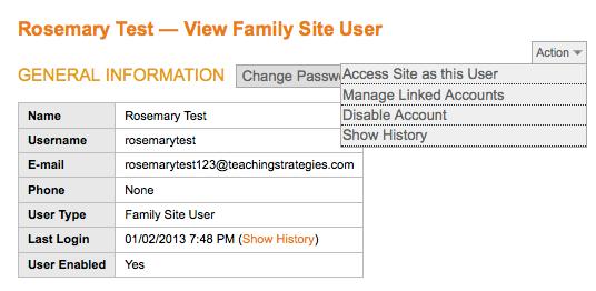 From the ADMINISTRATION tab s drop-down menu, select Manage Users to display the submenu. Click Families to display the list of family site users in your program or site.