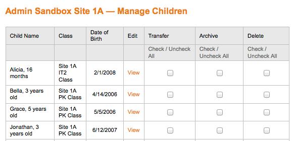 Select the group of children for whom you want to transfer, archive, or delete data. Then click the appropriate orange TRANSFER, ARCHIVE, or DELETE button at the bottom.