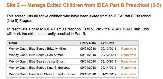 Managing Exited Children From IDEA Part B or Part C (Site Level) From the ADMINISTRATION tab s drop-down menu, select Programs, Sites & Classes to display the submenu.