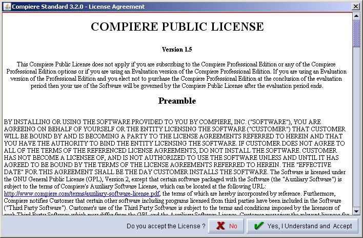 20) Next, read and accept the Compiere Public License agreement.