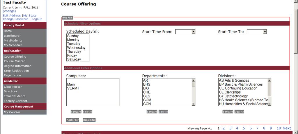 Figure 12: Scheduled Days, Start Times, Department and Division Filters 4. Select one, several, or all Campuses, Departments, or Divisions to further refine the classes displayed.
