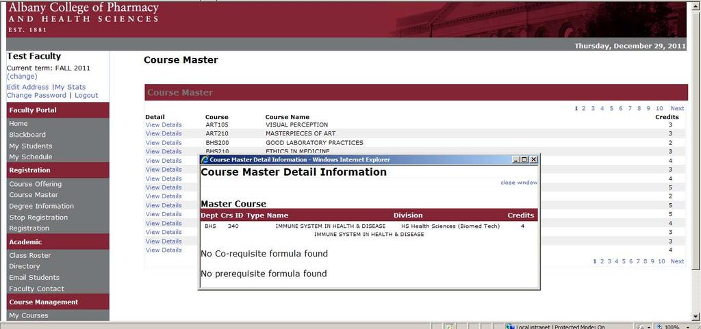 Figure 14: Course Master Degree Information The Degree Information link in the navigation bar displays the degree programs available for the selected revision term.