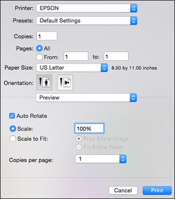 You see the expanded printer settings window for your product: Note: The print window may look different, depending on the version of OS X and the application you are