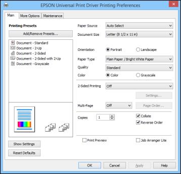 You see the printer settings window: Note: For more information about a setting, right-click it and select Help. 2. Select the print settings you want to use as defaults in all your Windows programs.