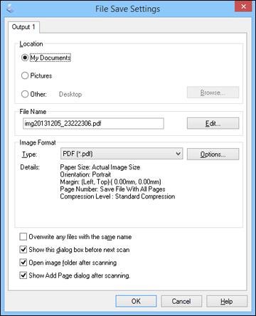 Selecting Scan File Settings You can select the location, name, and format of your scan file on the File Save Settings window.